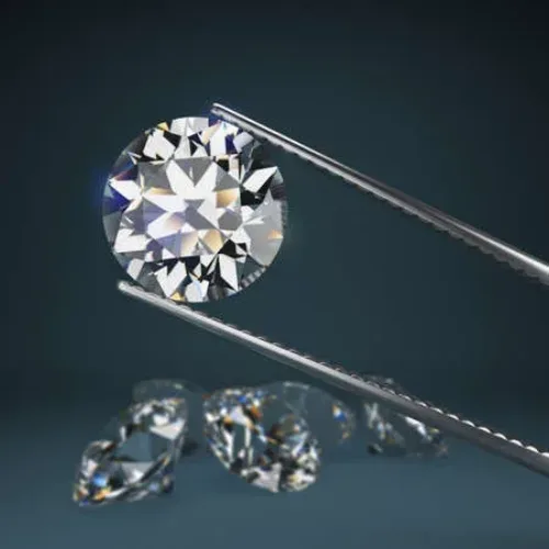 133312715 diamond round cut in tweezers blurred dark blue with a scattering of diamonds depth of field 3d imag